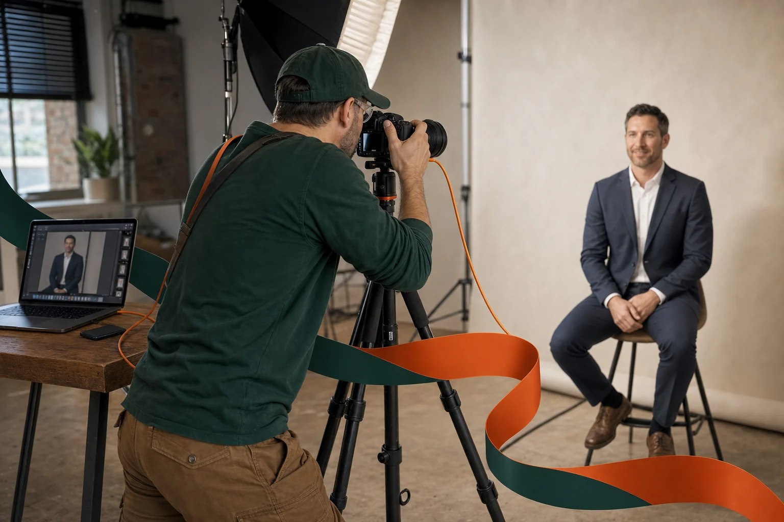 A photographer running a scheduled corporate portrait session
