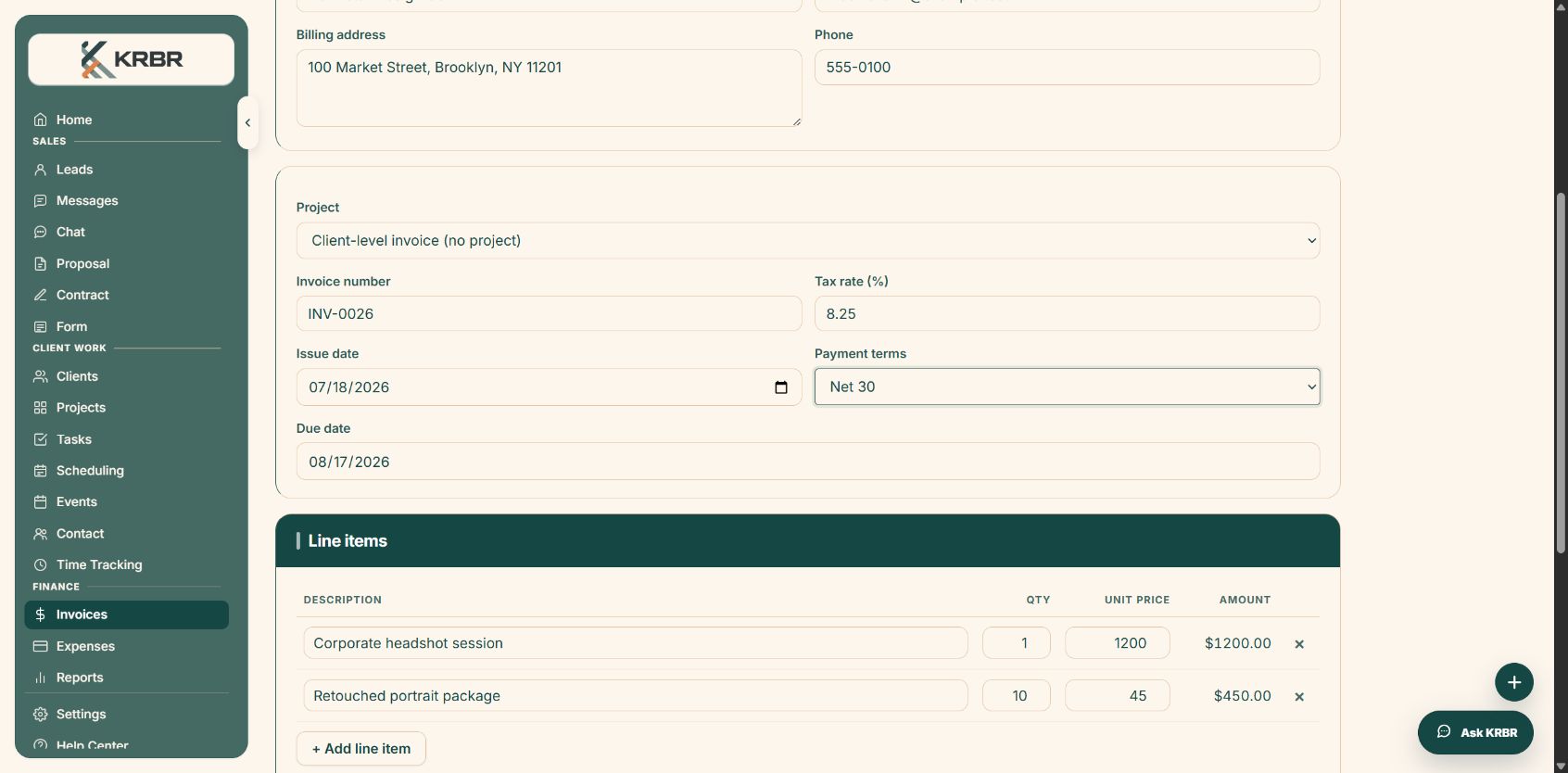KRBR invoice builder with project assignment, terms, tax, dates, and detailed service line items