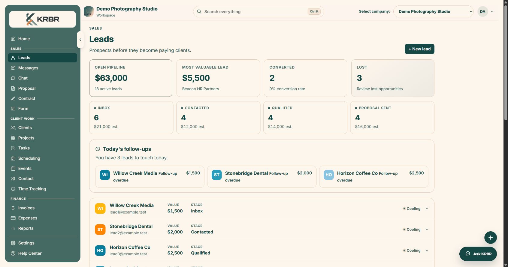 KRBR lead pipeline with opportunity totals, stages, follow-ups, and lead health