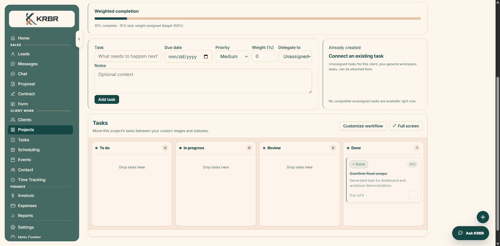 KRBR project task board with configurable stages, task creation, ownership, priority, and weighted completion