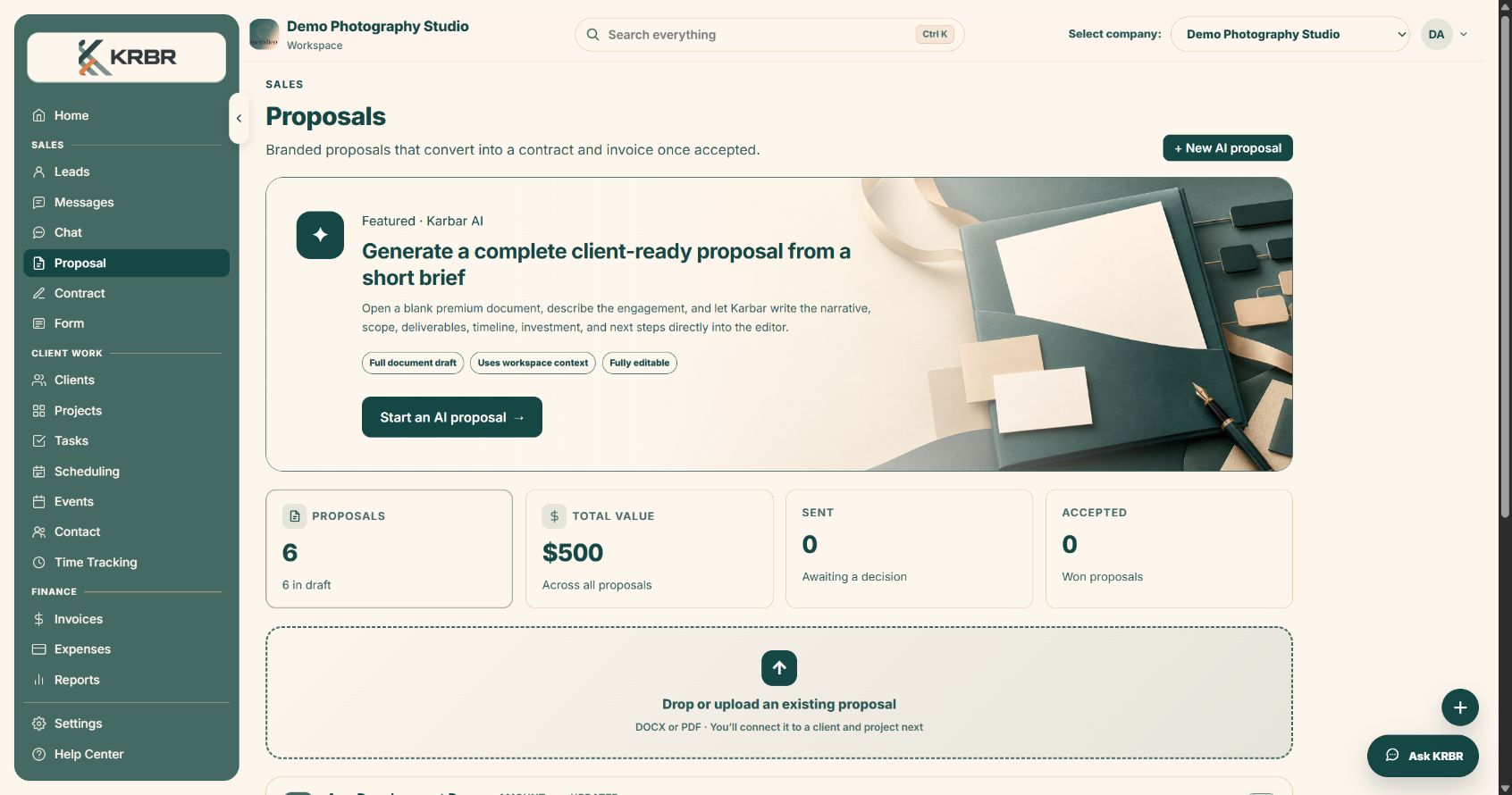KRBR proposals workspace with AI proposal drafting and proposal performance totals