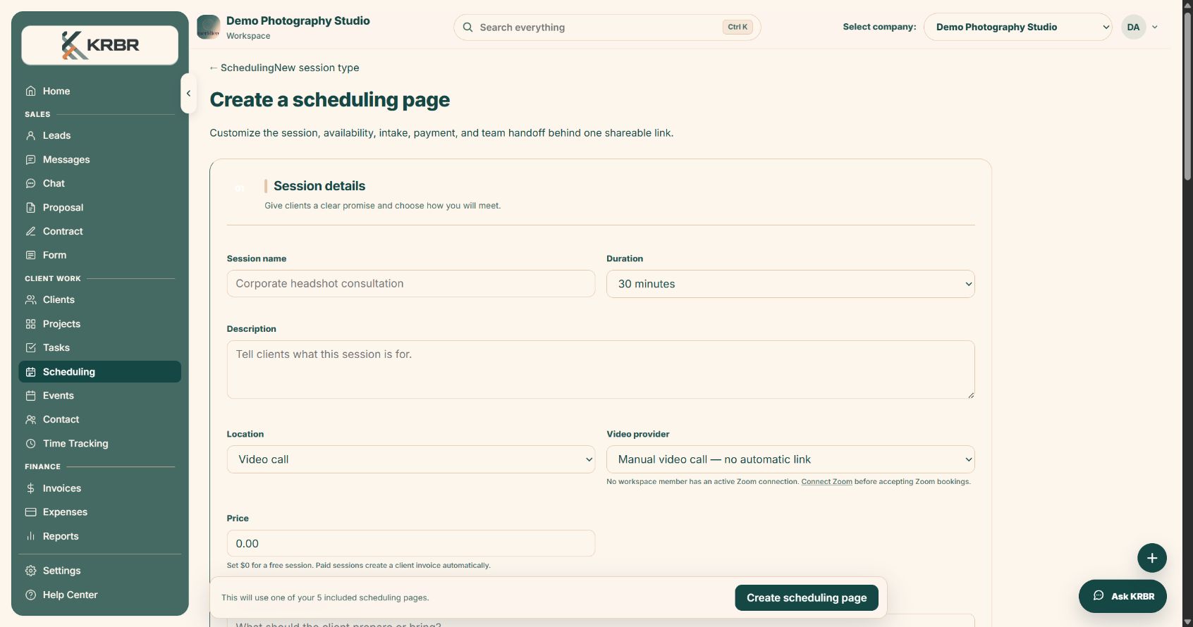 KRBR scheduling page builder with session details, duration, location, Zoom, and pricing controls