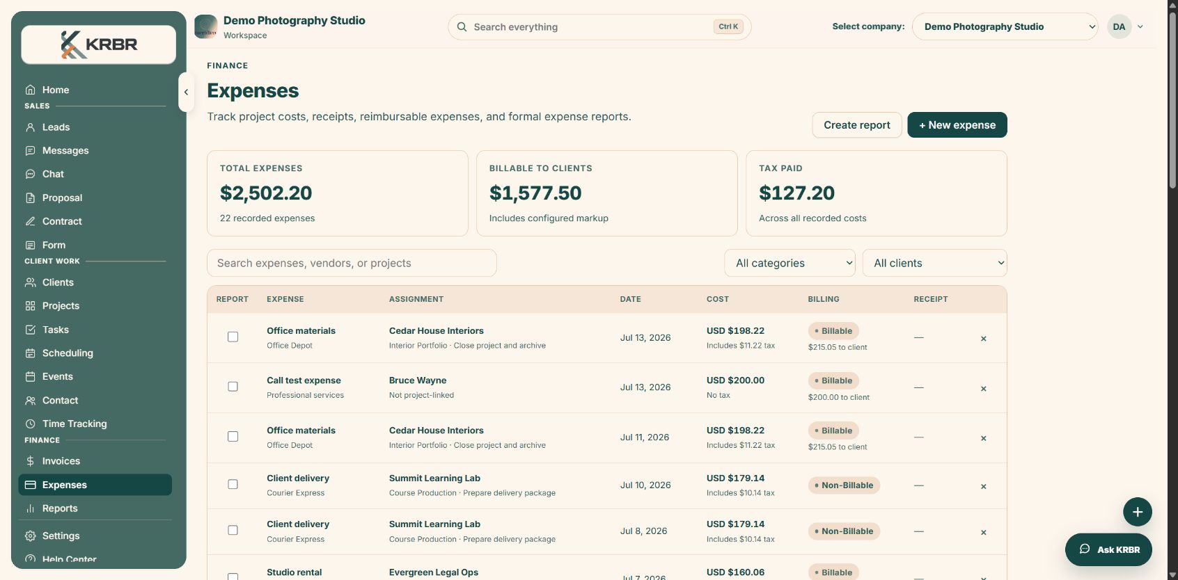 KRBR expenses workspace with billable costs, project assignment, tax, receipts, and reporting totals